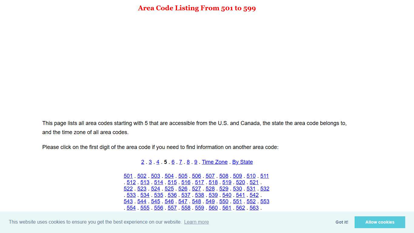 Area Code Listing From 501 to 599